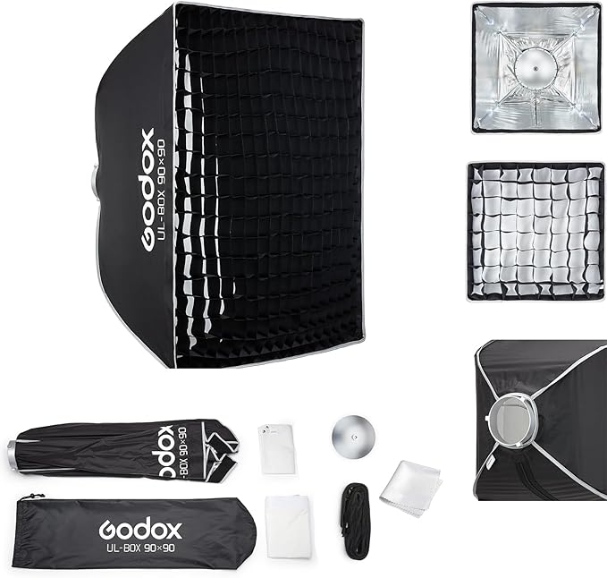Godox Softbox UL-90x90 Square Softbox, Quick-Release Umbrella Design Bowens Mount with Grid & Diffusers & Deflector, for Studio & Video Production