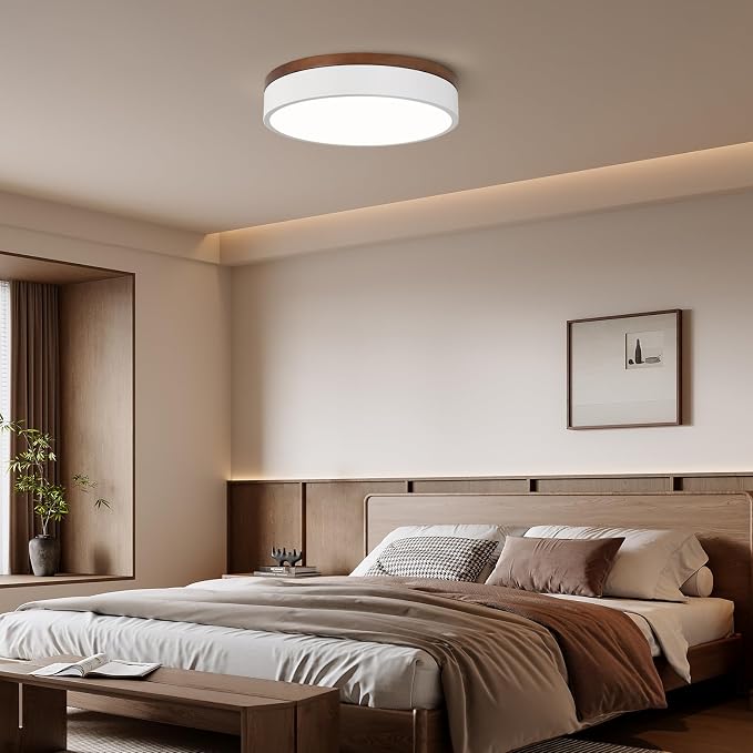 12" Minimalist White and Walnut Wood LED Flush Mount Ceiling Light | Natural Wood Accent, Integrated LED, 5CCT Before Installation, Slim Low-Profile Design, Minimalist Modern Style, Compact Size