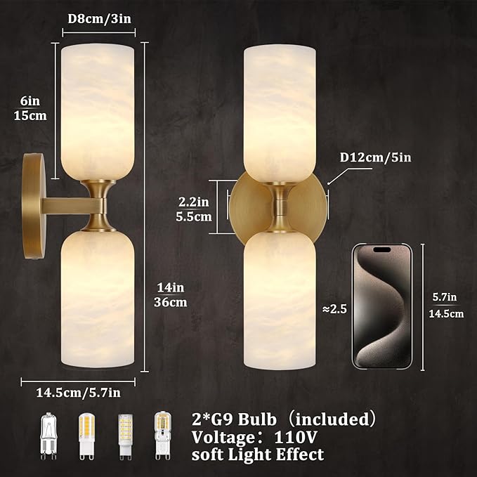 Alabaster Wall Sconces, 14" Modern Spanish Natural Marble Vanity Light, Dimmable Hardwired Brass Gold Wall Sconce Lighting for Bathroom Mirror, Bedroom, Living Room, Luxury Stone Wall Fixtures (1 Pcs)