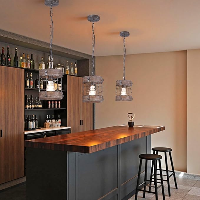 Farmhouse Pendant Light, Rustic Hallway Light Fixtures, Industrial Metal and Wood Chandelier 1-Light Round Cage, for Kitchen Island Foyer Hallway Bar Dining Room Entryway, D 7.9" X H 8.7" (Sliver)