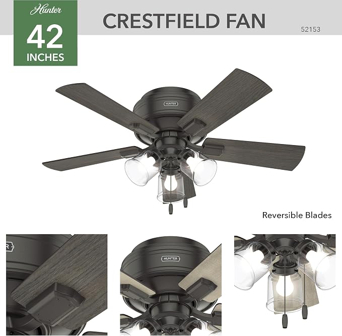 Hunter Crestfield, Indoor, Ceiling Fan, Quiet, 42 inch, Noble Bronze | with LED Lights and Pull Chain, Low Profile Flush Mount, 5 Blades, For Bedroom, Living Room, Kitchen, 52153