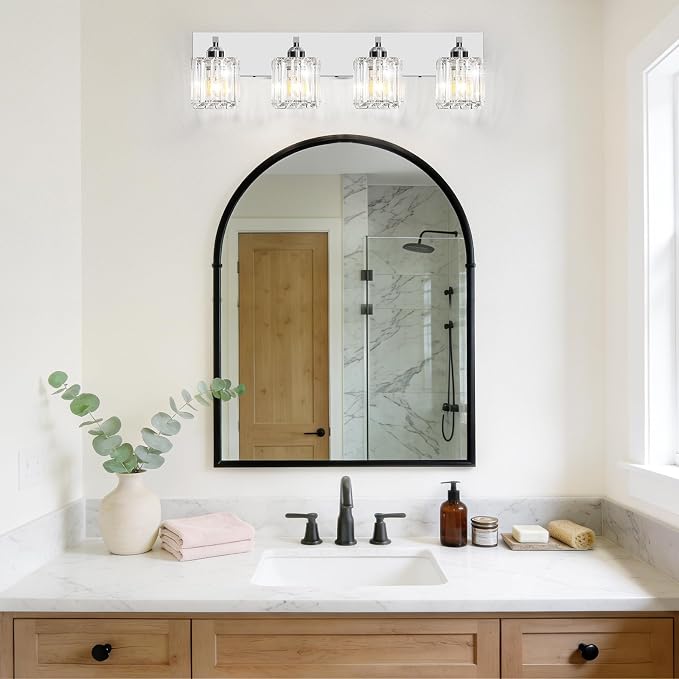 Brushed Chrome Crystal Bathroom Vanity Light, 4-Light Modern Bathroom Lighting Fixtures Over Mirror,Chrome Wall Sconce Light Fixtures with Square Shade