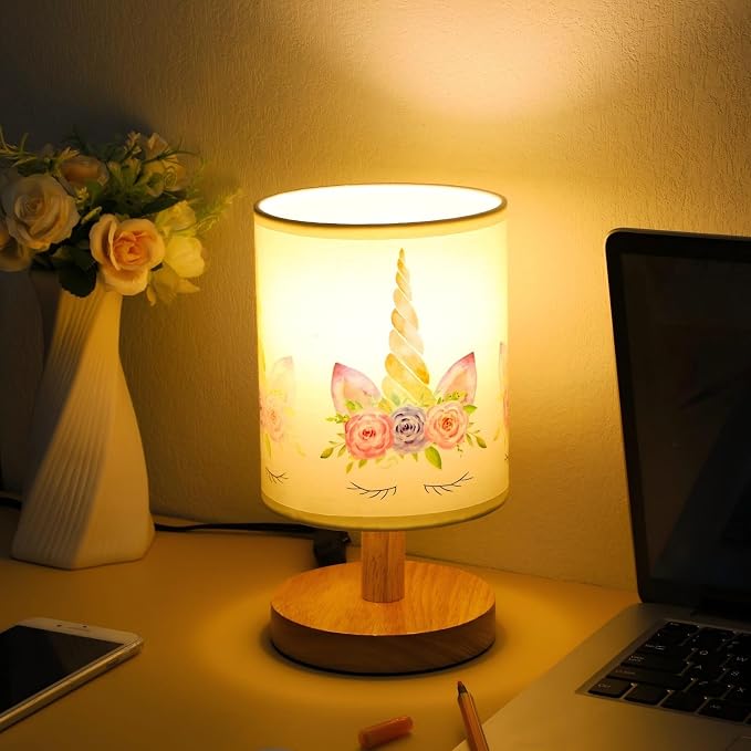Unicorn Kids Table Lamp for Bedroom Kids Bedside Lamp with Linen Wooden Nightstand Cartoon Nursery Lampshade for Girls Boys Living Room