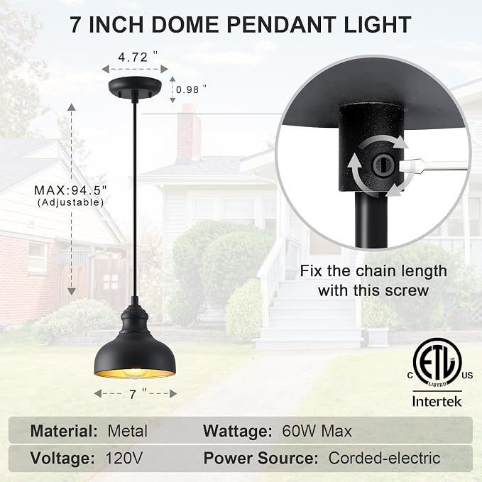 7in Dome Black Farmhouse Barn Pendant Light with Brass Interior, 2 Pack Outdoor Porch Hanging Lamp Small Barn Style Kitchen Island Pendant Lighting for Bedroom Hallway, Adjustable