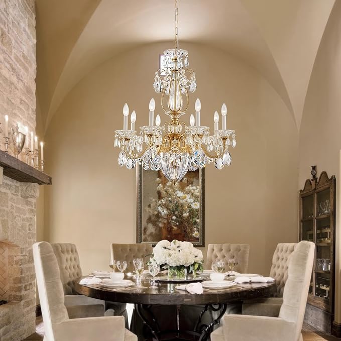Vintage Crystal Chandeliers for Dining Room, 8-Light Brass Classic Candle Chandelier Pendant Ceiling Light Fixture for Living Room Bedroom Kitchen Foyer Hallway Staircase 30.3" H x 26.8" D