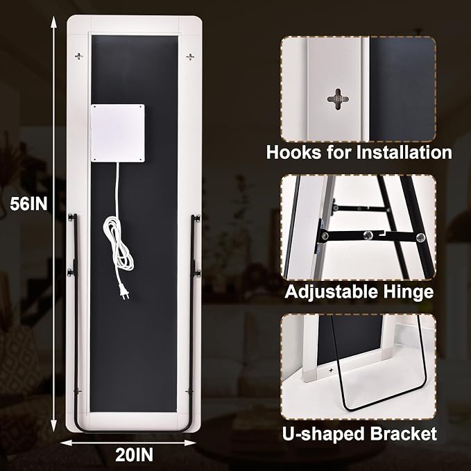 56" x 20" Full Length Mirror, LED Lighted Floor Standing Mirror | Dimming & 3 Color Lighting and Shatterproof Tempered Glass Wall Hanging or Leaning Full Body Mirror for Bedroom/Home Decor