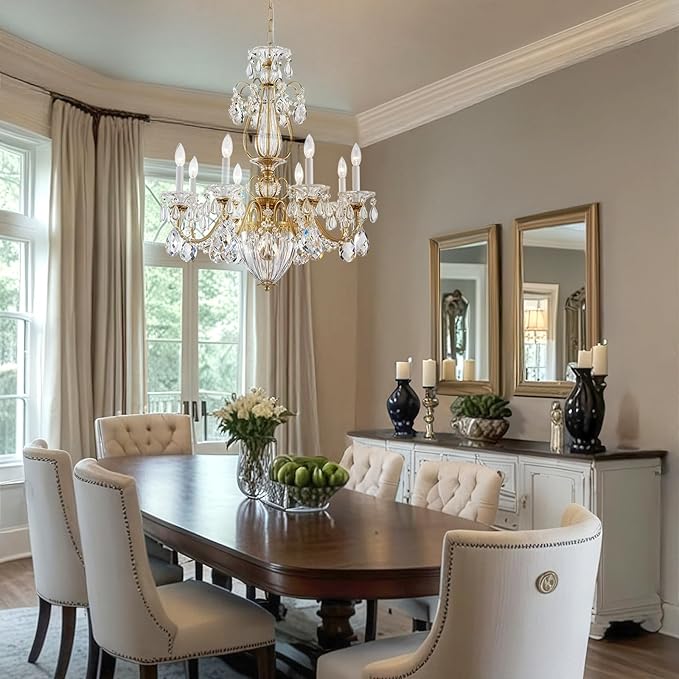 Vintage Crystal Chandeliers for Dining Room, 8-Light Brass Classic Candle Chandelier Pendant Ceiling Light Fixture for Living Room Bedroom Kitchen Foyer Hallway Staircase 30.3" H x 26.8" D