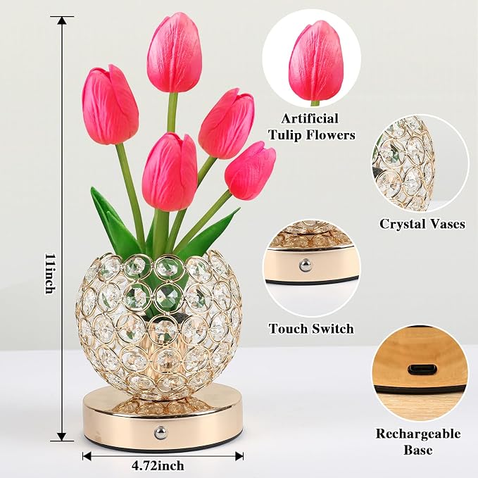 Birthday Gifts for Women Mothers Day Gifts/for Mom Tulip Table Lamp | 3 Color Crystal Flower Bedside Lamps Infinitely Dimming with USB Charge Small Night Light,Night stand Touch Lamp(red-tulip)