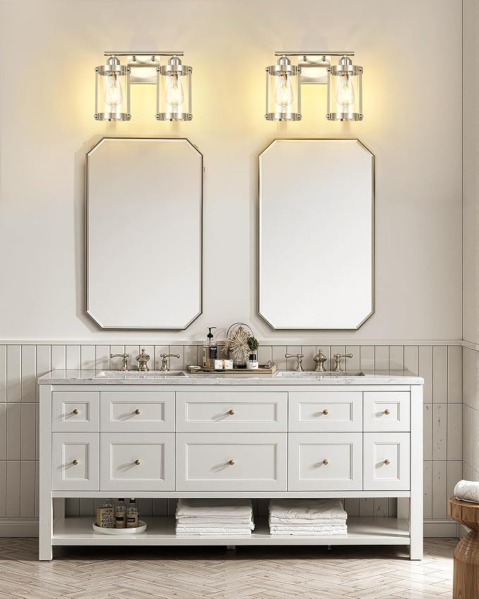 2-Light Brushed Nickel Bathroom Light Fixtures, 13.8 Inch Modern Bathroom Vanity Lighting Fixtures Over Mirror with Clear Glass and Metal Cage Wall Sconce Lights for Bath, E26, OS-3014BN-2W