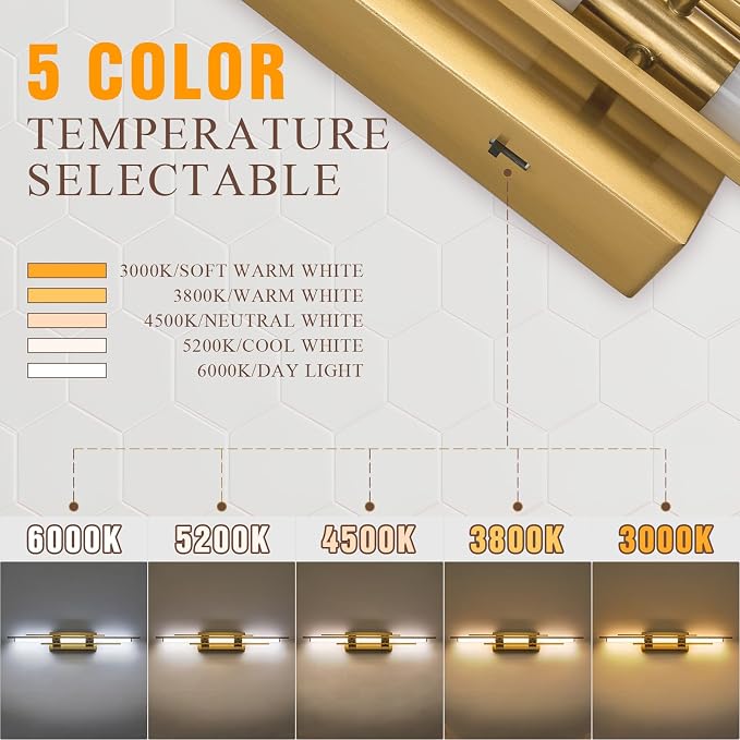 Gold LED Vanity Light 31IN Modern LED Bar Wall Light Over Vanity Mirror Hardwired Picture Light Dimmable Bathroom Wall Mount Lighting 5CCT(3000K/3800K/4500K/5200K/6000K)