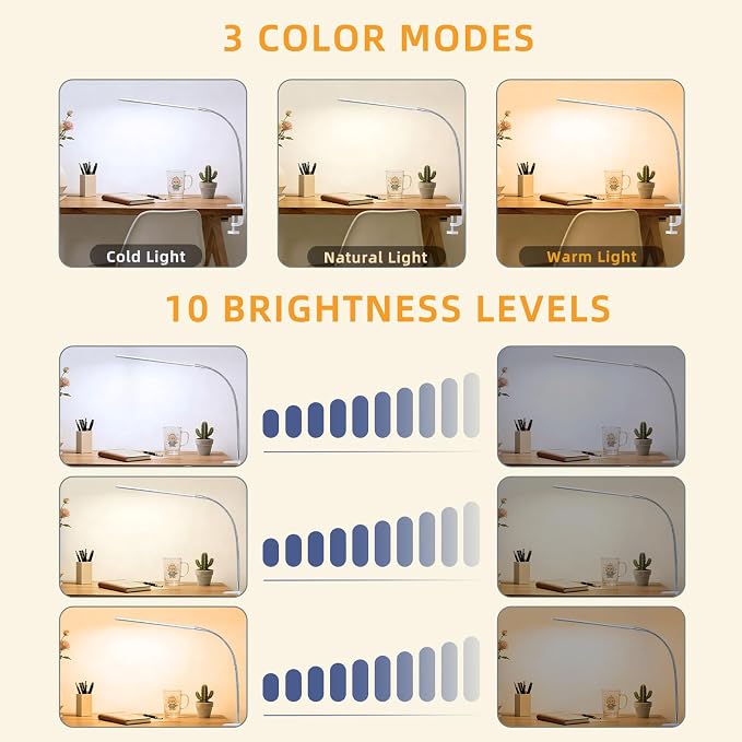 Space Aluminum LED Desk Lamp with Clamp Reading Study Desk Light | Clip on Light for 3 Modes 10 Brightness Flexible Gooseneck with USB Adapter Table Lamp for Home Office Computer Nail Work
