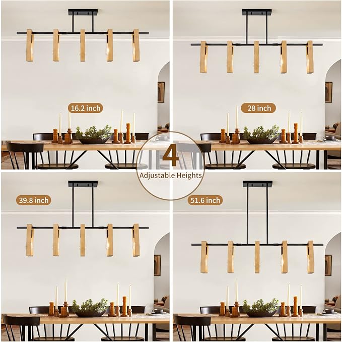 Dining Room Chandelier Farmhouse Kitchen Island Lights Ceiling Hanging 5 Lights Wood and Black Light Fixture Rustic Pendant Lighting 41.3"
