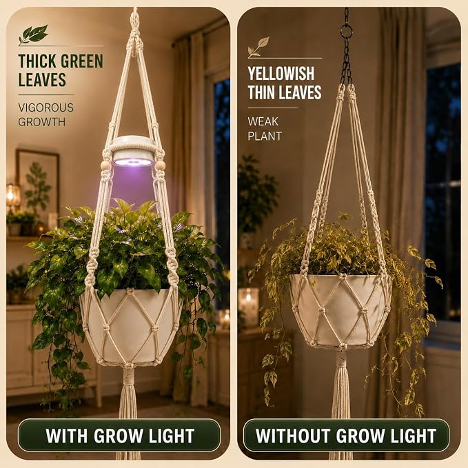 Hanging Rechargeable Plant Grow Lights for Indoor with Timer, Wireless Battery Powered Full Spectrum Pendant Growing Light with Macrame Plant Hanger, Wall/Ceiling Mounted Planta Luz for Home Decor
