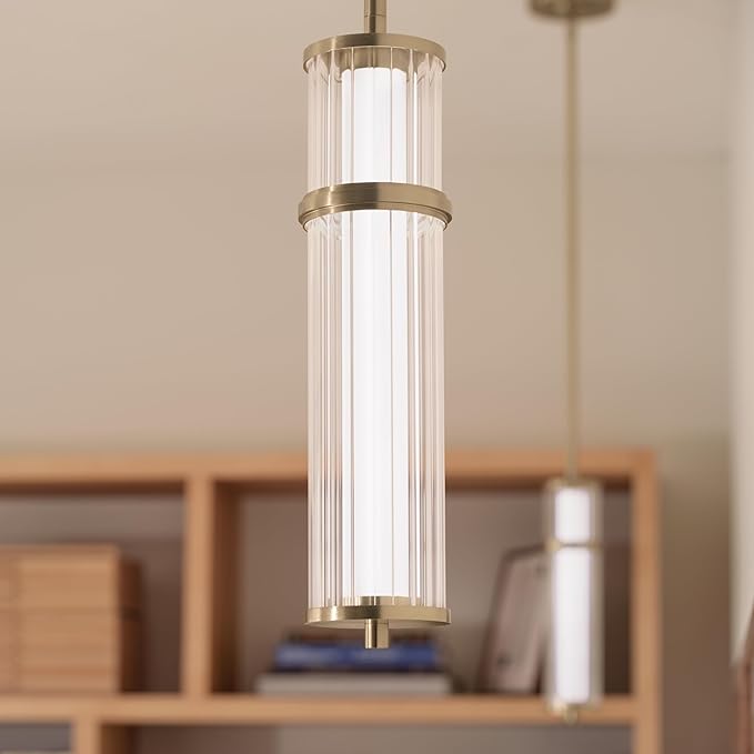 Kichler Riven LED 1-Light Pendant with Clear Fluted Glass in Champagne Bronze, Sloped Ceiling Compatible, for Kitchen or Dining Room (15.5" x 5"), 52755CPZLED