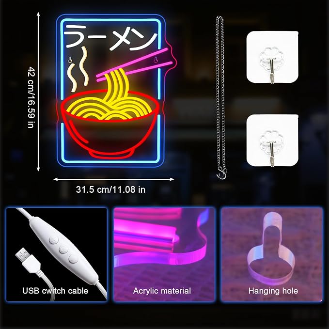 Ramen Neon Sign Pink LED Noodles Light Up Restaurant Shop Bedroom Home Bar Noodles Decor Anime Neon Signs for Wall LED Japanese Decor Gifts for Teen Ramen Lover in Anime Party