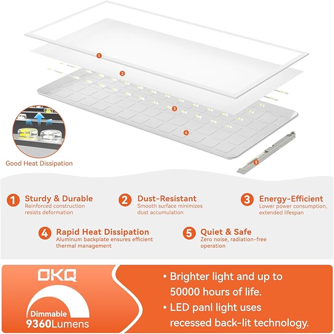 OKQ 2x4 LED Flat Panel Light Drop Ceiling Office Shop Commercial Warehouse Fixture, 5 CCT 3000K-6500K Adjustable & 5 Wattage Selectable,6000Lm 0-10V Dimmable, ETL Listed (6Pack)