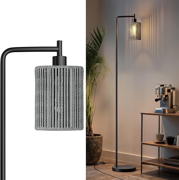 66" Black Floor Lamp for Living Room, Boho Floor Lamp with LED Bulb, Foot Switch, Gray Rattan Shade, Industrial Tall Farmhouse Standing Lamp for Bedroom, Dining Room, Study Room, Office