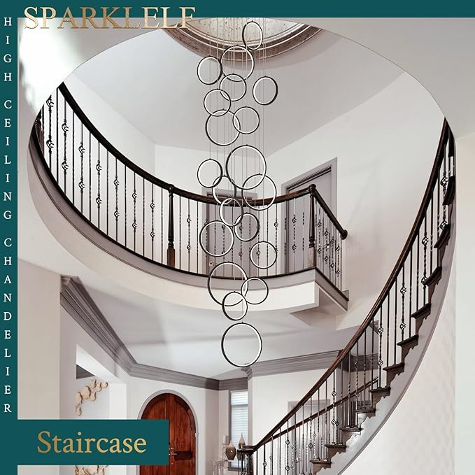 20 Rings Modern LED Chandelier for High Ceiling Dimmable Black Contemporary Foyer Long Chandelier for Entryway, Long Pendant Light Fixture Staircase Dining Living Room, 3000-6500K
