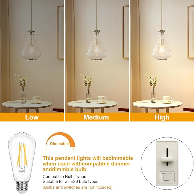 2 Pack Modern Pendant Lights Kitchen Island, Brushed Nickel Pendant Light Fixtures with 8.5" Clear Crack Glass Shade, Industrial Hanging Pendant Lights Fixture for Kitchen Island Dining Room Entryway