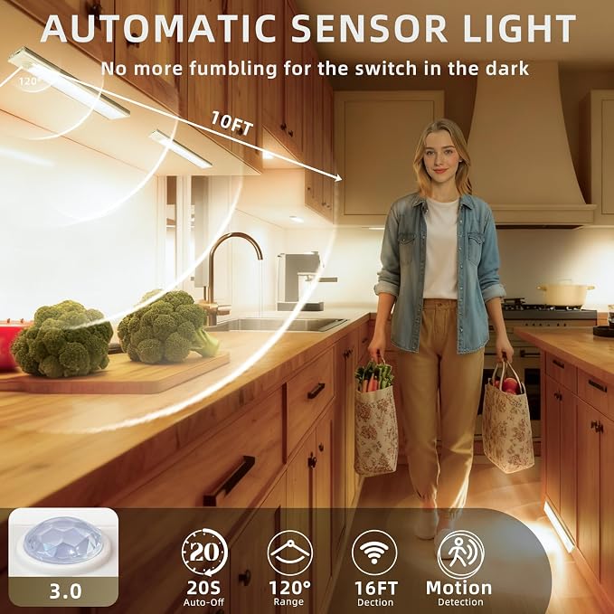 12 inch Dimmable Under Cabinet Lighting, 50 LED Rechargeable Battery Motion Sensor Light Indoor, Stick On Magnetic Closet Lights, Under Counter Lights for Kitchen, Stairs, Warm Light 5 Pack