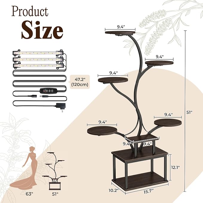51 Inch Plant Stand with Grow Lights, 8 Tiered Indoor Plant Shelf | Plant Rack with Larger Flower Holder, Curved-tubed Design, 3 Light ModesCorner, for Living Room, Walnut
