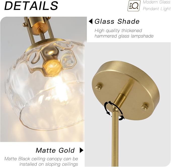 Gold Pendant Light Kitchen Island, 10 Inch, Hammered Glass Shade | Modern Farmhouse Style, For Kitchen Dining Room Bedroom, Bulb Not Included