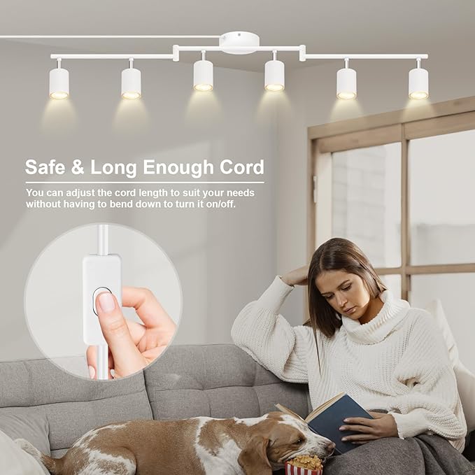 Plug in Track Lighting LED, Track Lighting Fixtures Ceiling, White 6-Light Kitchen Light Kit, Plug in Wall Light with 14.8ft Power Cord, Rotatable Ceiling Spotlight for Bedroom(GU10 Socket, NO Bulb)