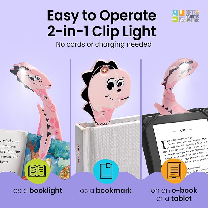 Gifts for Readers & Writers Book Light for Kids, Clip On Reading Light for Bed, 2in1 Flexilight Pals & Bookmark, Small & Lightweight with a Soft Glow, 2 Batteries Included, Dino Pink