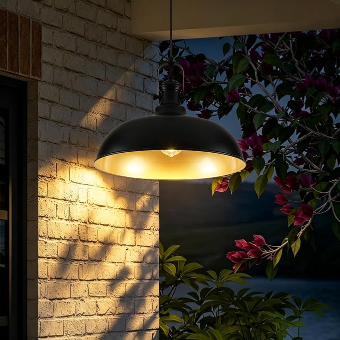 2 Pack 15.7" Matte Black Barn Pendant Lights, Adjustable Cord Industrial Dome Metal Hanging Light Fixtures with Gold Interior, E26 Farmhouse Pendant Lighting for Kitchen Island Dining Room Bar