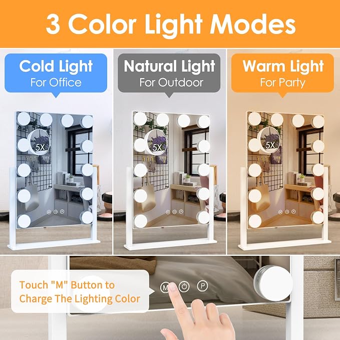 Dirket Vanity Mirror with Lights, Hollywood Lighted Makeup Mirror with 3 Color Lighting Modes and 12 Dimmable Bulbs, Detachable 5X Magnification, Smart Touch Control, 360°Rotation, White