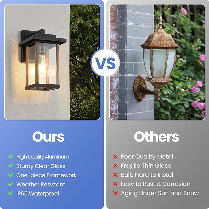 2 Pack Outdoor Wall Sconce Outside Porch Light in Wood Grain & Black