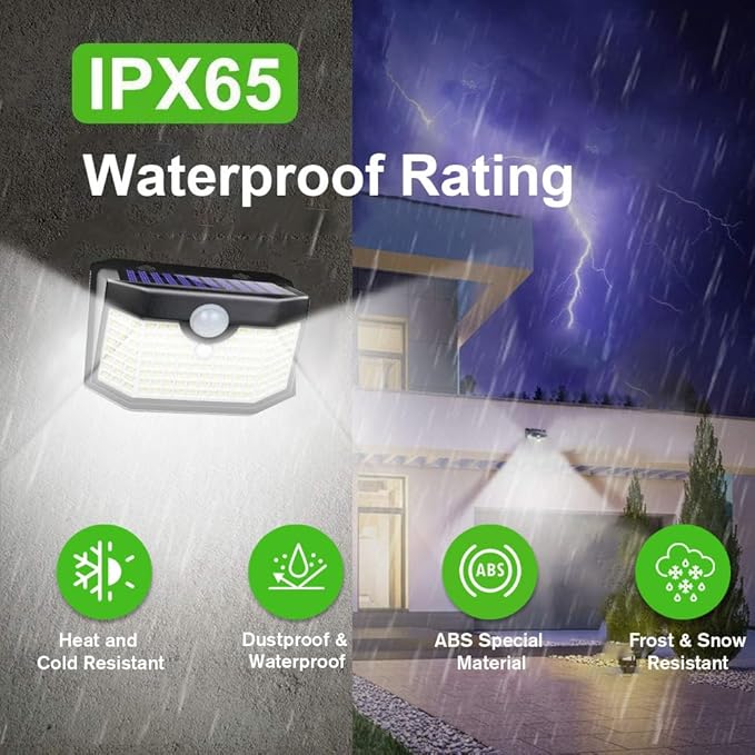 HMCITY 120 LED Solar Lights Outdoor with Motion Sensor and 3 Lighting Modes, IP65 Waterproof Wide Solar Wall Lights Ideal for Garden Patio Yard (Front Button 1Pack, Black Shell-Daylight White)