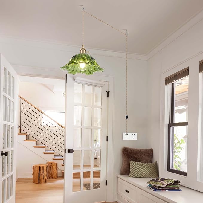 Plug in Pendant Light Fixtures,Hanging Light Fixture Corded On/Off Switch,11 inch E26 Green Glass Lampshade Pendant Lighting for Kitchen Island, Bedroom, Dining Room