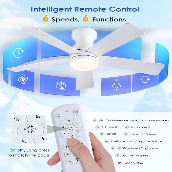 46 inch Ceiling Fans with Lights, White Flush Mount Ceiling Fan with Remote, 3CCT, LED Dimmable, Reversible, 6 Fan Speeds, Quite Low Profile Ceiling Fan with Lights Modern Bedroom Kitchen Indoor