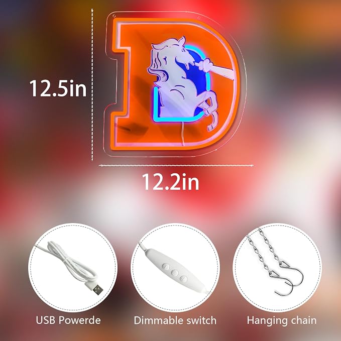 Broncos Football Neon Signs Led Sign for Wall Decor Rugby Team Light Up Sign Suitable for Man Cave Office Bar Pub Wall Art Gifts for Teen Boys