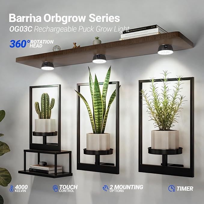 Barrina Orbgrow OG03C Rechargeable Puck Grow Light, 5000K, 1 Pack, Black | Cordless Full Spectrum Plant Light for Indoor Plants, Magnetic & Touch Switch with Timer, Small Grow Lamp for Plant Shelf