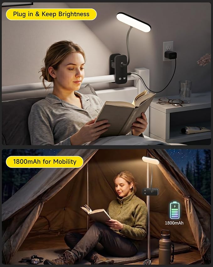 CUHIOY Rechargeable Clip on Light, Bed Headboard Reading Lamp, Black | Portable Cordless Battery-Operated USB-C, 5 Colors 5 Brightness Goose-Neck, Flicker-Free Clamp Desk Dorm Bunk Bed Light