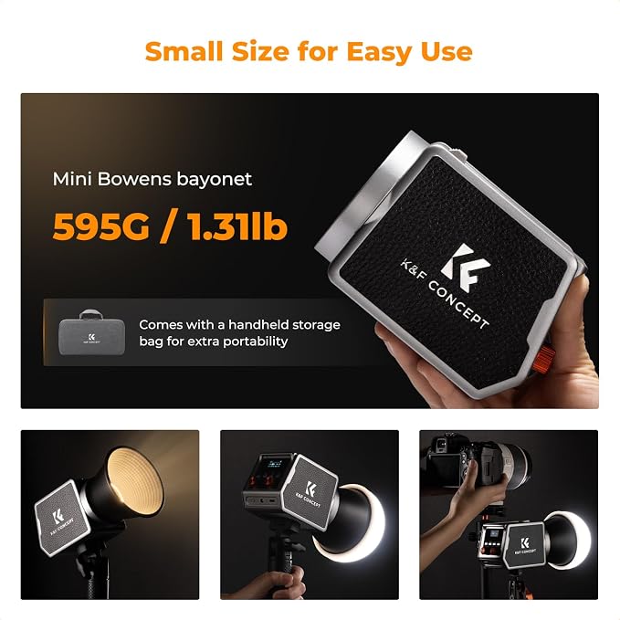 K&F CONCEPT 60W Bi-Color COB Video Light with Handle & App Control | 4500mAh Battery, Type-C PD Fast Charging,12 Light Effects, Lighting for Photography PL-60B