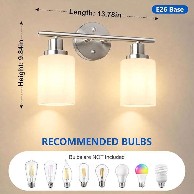 2 Light Bathroom Light Fixtures, Modern Vanity Lights with Milky White Glass Shade, Brushed Nickel Wall Lamp Over Mirror for Bathroom, Living Room, Cabinet, Bedroom, E26 Base