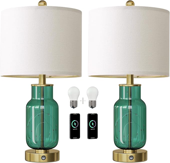 22" Glass Table Lamps Set of 2, Green Modern Bedside Lamp with LED Night Light for Living Room, Nightstand Lamp with USB Ports for Bedrooms, Study Room, End Table(2 Bulbs Included)