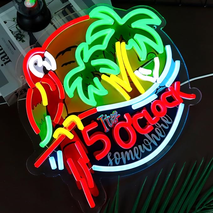 Its 5 00 O'clock Some Where Neon Signs Parrot Neon Lights Wall Decor for Beer Bar Pub Home Recreation Game Room Gift Art-12.6 x 12.2 IN