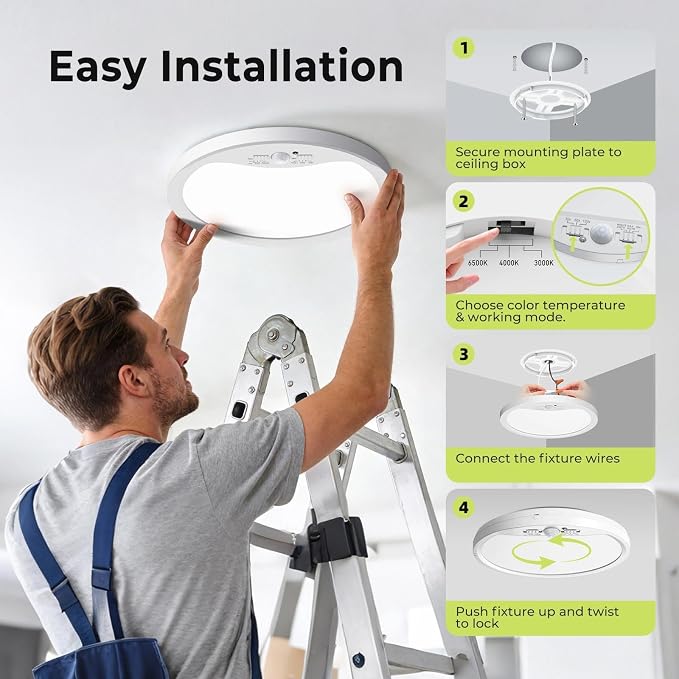 hepside Motion Sensor Ceiling Light Wired, 3000K/4000K/6500K LED Flush Mount Ceiling Light Fixture, 12Inch 24W Motion Sensor Light with Timer for Closet Stair Porch Hallway Pantry,White