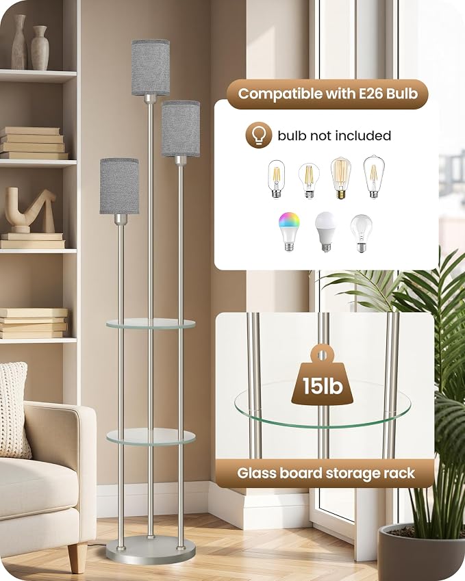 70.9" Floor Lamp with Shelves, for Living Room, 3-Tier Tall Lamp | Modern Shelf Floor Lamp with Foot Switch, 3-Light Standing Lamp, for Bedroom, Study, Office, Silver and Gray HSN53LD05