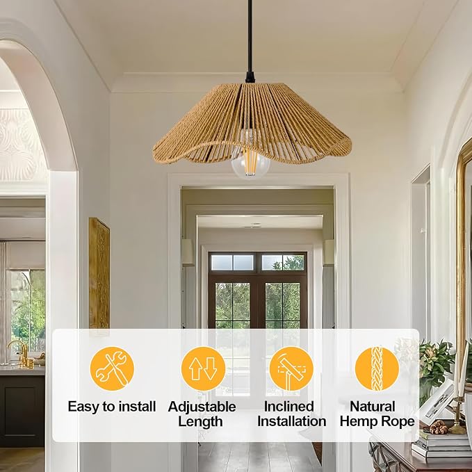 Hard Wired Rattan Pendant Lights Set of 2,Kitchen Island Pendant Lights with 12” Flower Shade,Boho Handwoven Paper Rope Rattan Ceiling Light for Living Room Dining Room Restaurant Foryer