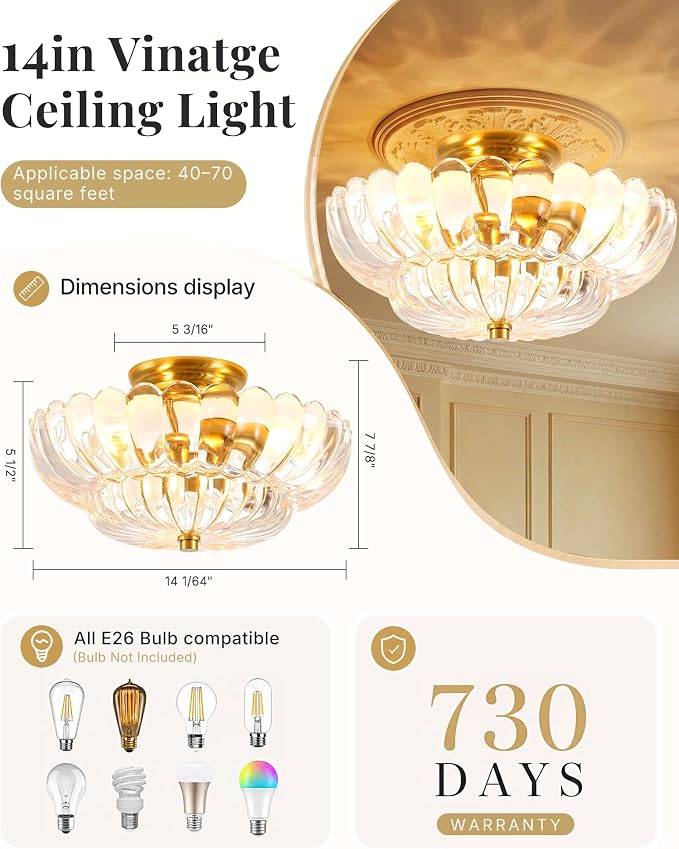 Semi Flush Mount Ceiling Light Fixture 14" Vinatge Gold Ceiling Lights Mid Century Modern Clear Glass Close to Ceiling Lighting Fixtures for Bedroom Hallway Kitchen Laundry Room Bathroom