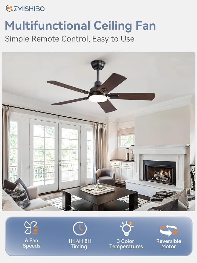 ZMISHIBO 2 Pack 44" Ceiling Fan with Light and Remote, Black Modern Indoor | Small Size, 3CCT, Downrod Mount, Farmhouse Dual Finish Blades, Quiet&Strong Motor, Memory Function for Bedroom, Living Room