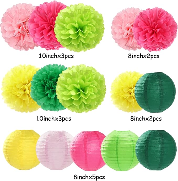 Hawaiian-Summer Pool Party-Decorations Paper-Flowers Lanterns - 15pcs Luau Tropical Beach Tissue Pom Poms Streamers,Birthday Bachelorette Wedding Baby Shower Graduation Hanging Supplies Decor Hugfond