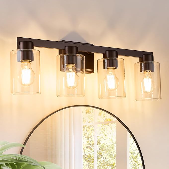 4-Light Bathroom Light Fixtures with Clear Glass, Oil Rubbed Bronze | Vanity Lights, Modern Wall Sconces, Over Mirror for Bathroom, Powder Room, Living Room