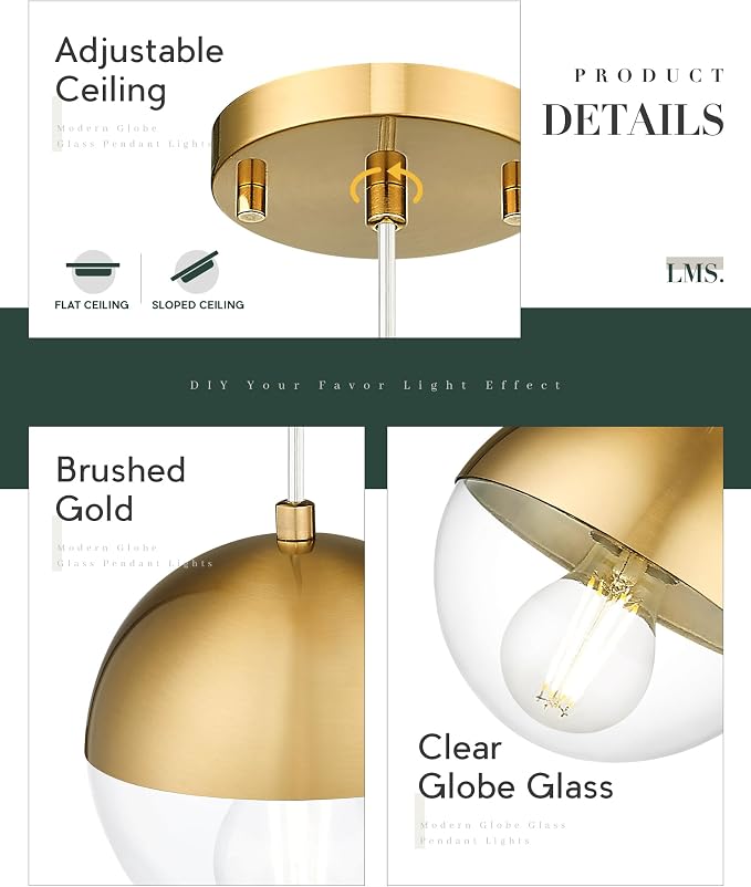 6-inch Modern Pendant Light, Brushed Gold Industrial Kitchen Island Pendant Light with Clear Globe Glass, Adjustable Hanging Pendant Light Fixtures for Dining Room Living Room, LMS-186BGCS