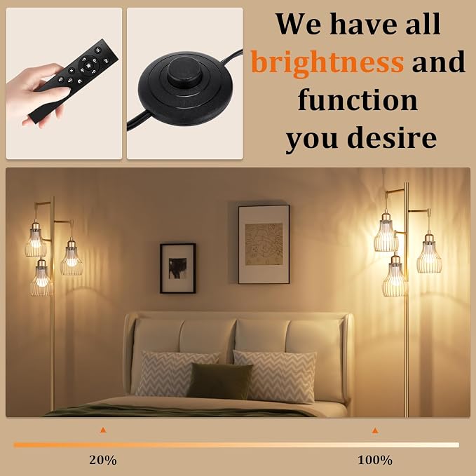 Ziisee Dimmable Gold Floor Lamps for Living Room, Farmhouse Tree Standing Tall Lamp with Remote Control 3 Elegant Cage Shade LED Bulbs for Bedroom Office - Gold